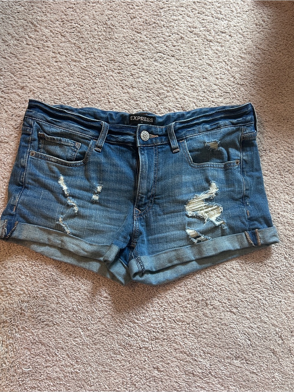 Express Women's Distressed Rolled-Hem Denim Shorts - Dark Blue